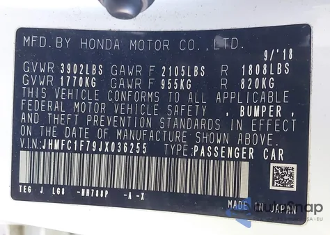 2018 Honda Civic Ex-L from USA, damaged, VIN JHMFC1F79JX036255
